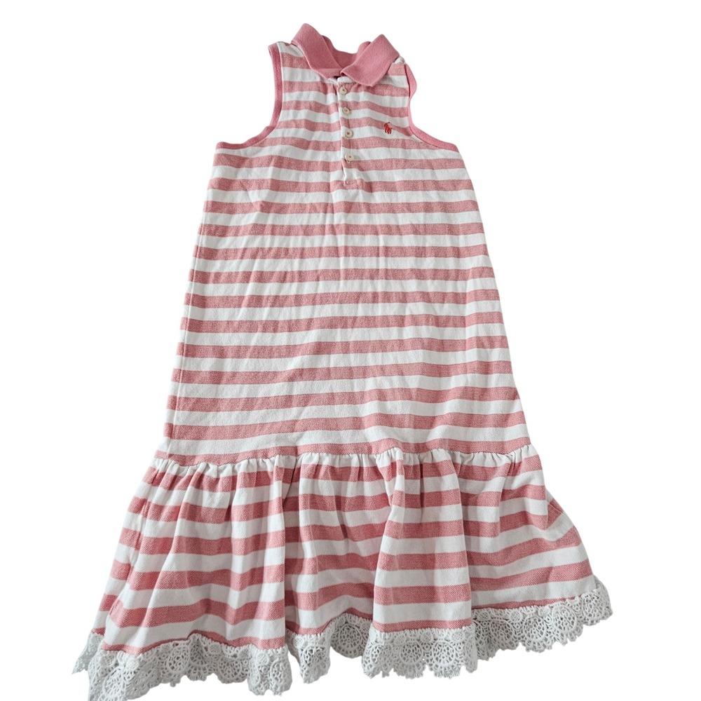 Polo Ralph Lauren Kids Pink White Striped Sleeveless Lace Trim Polo Dress XL